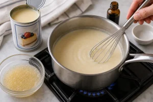 Condensed milk whisked with bloomed gelatin over low heat