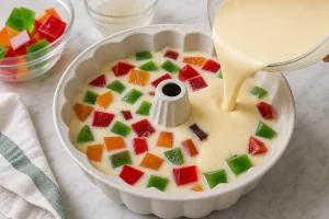 Cooled vanilla cream poured over colorful jelly cubes