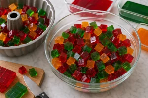 Firm red, green, and orange jelly cut into cubes