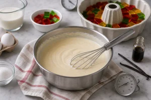 Vanilla cream mixture cooling before being added to jelly cubes