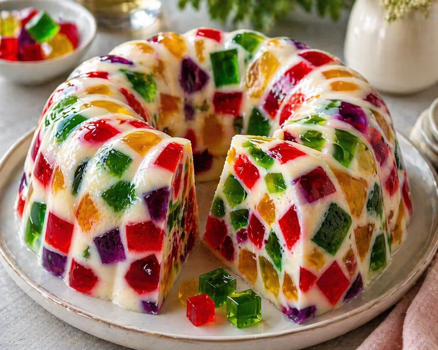 Vibrant Mosaic Jelly Cake with Creamy Vanilla Base