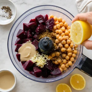 Pezzi di barbabietola ceci tahini limone aglio e spezie nel robot da cucina