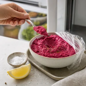 Paté finito di barbabietola e ceci assaggiato e condito prima del raffreddamento