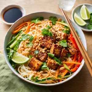 Fertige Thai-Tofu-Reisnudel-Bowl mit Limette und Tamari serviert
