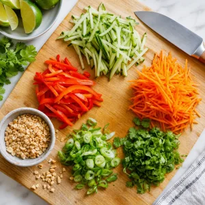 Gurke, Karotte, rote Paprika, Frühlingszwiebeln, Koriander und Erdnüsse vorbereitet