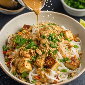 Erdnuss-Sauce über der Tofu-Nudel-Bowl mit Sesamsamen
