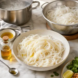 Abgetropfte Reisnudeln mit Sesamöl für die Thai-Tofu-Bowl