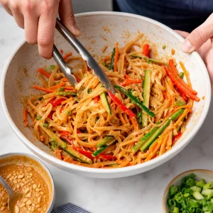 Reisnudeln mit Erdnuss-Sauce und knackigem Gemüse vermengt