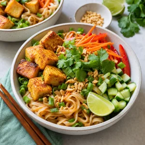 Thai-Reisnudel-Bowl mit knusprigem Tofu, Erdnüssen, Frühlingszwiebeln, Koriander und Limette