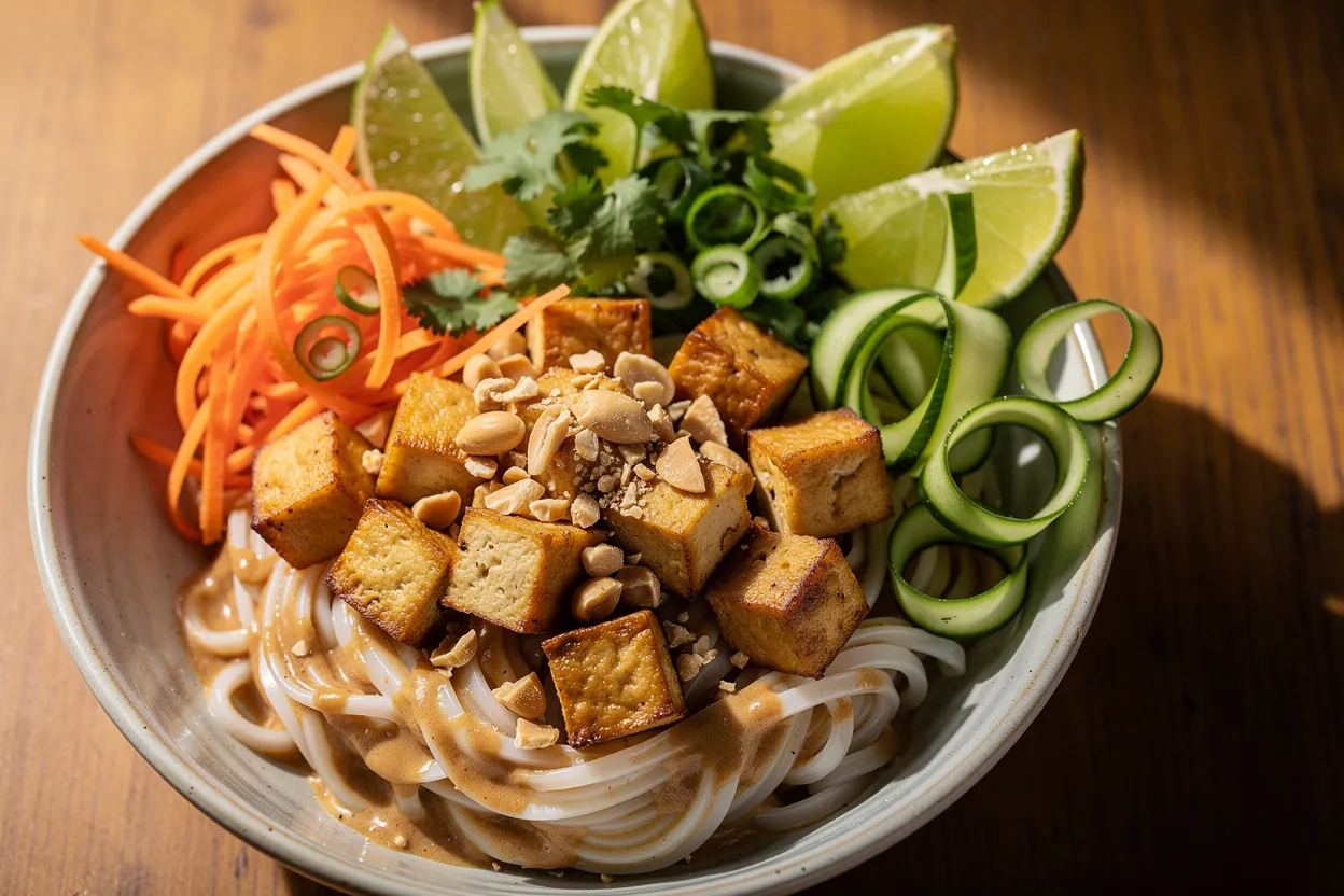Bunte Thai-Reisnudel-Bowl mit Tofu & Erdnüssen – schnell