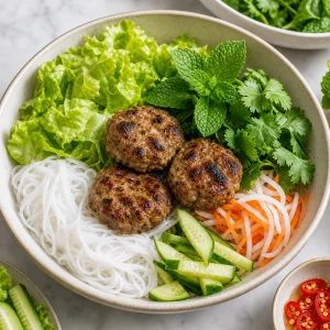 국수, 허브, 절인 채소, 오이, 돼지고기 패티를 담은 분짜 볼