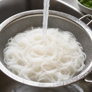 체에 밭쳐 물기를 빼는 익힌 쌀 버미셀리 국수