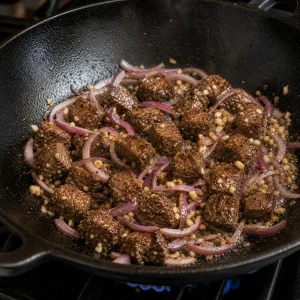 Browned beef tossed with red onion and garlic in a wok