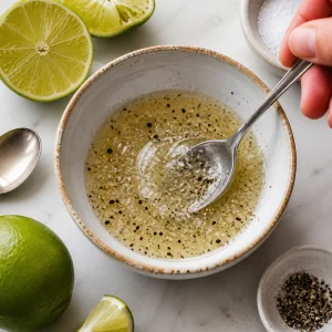 Lime-pepper dipping sauce being stirred in a small bowl