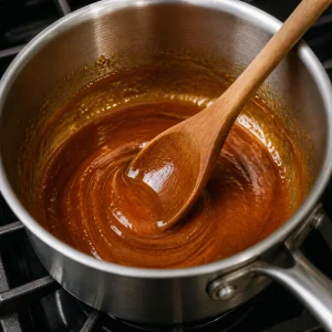 Brown sugar melting into caramel in a saucepan