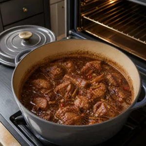 Caramel pork braise simmering in a Dutch oven