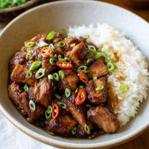 Caramel pork served with jasmine rice and sauce