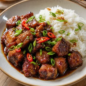 Caramel pork served with jasmine rice