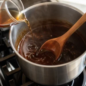 Fish sauce stirred into dark caramel sauce