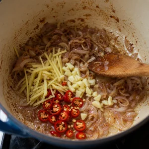 Ginger, garlic, and chilies stirred into shallots