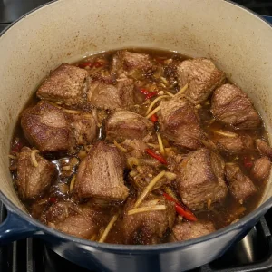 Pork partly submerged in caramel sauce and coconut water