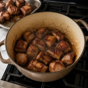 Pork shoulder chunks browning in a Dutch oven