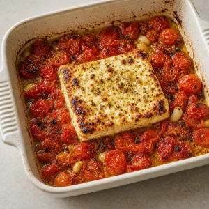 Feta al forno con pomodorini arrostiti e scoppiati in una pirofila di ceramica
