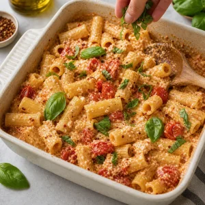 Rigatoni cotti mescolati con salsa cremosa di feta, pomodori e basilico fresco