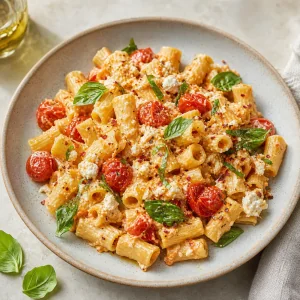 Pasta con feta al forno, pomodorini arrostiti e basilico fresco