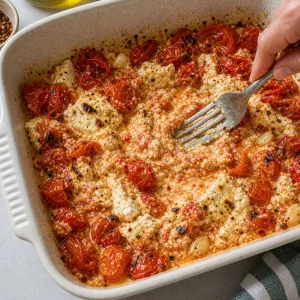 Feta al forno e pomodorini schiacciati con una forchetta in salsa cremosa