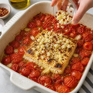 Aglio tritato e peperoncino in fiocchi aggiunti su feta e pomodori caldi