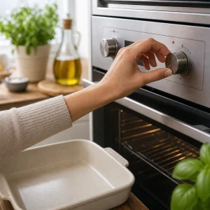 Forno in preriscaldamento con pirofila vuota pronta per la pasta con feta