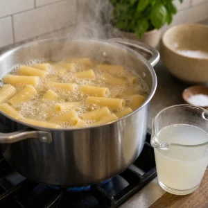 Rigatoni in ebollizione in acqua salata con acqua di cottura tenuta da parte