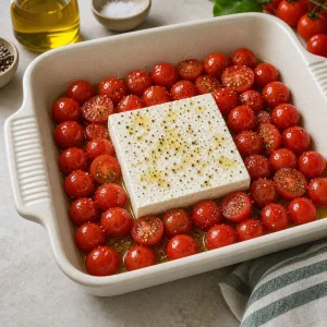 Blocco intero di feta al centro dei pomodorini conditi prima della cottura