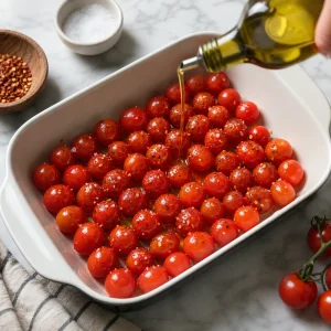 Cherry tomatoes tossed with olive oil, salt, and red pepper flakes in a baking dish