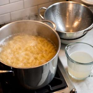 Pasta boiling with reserved starchy pasta water set aside