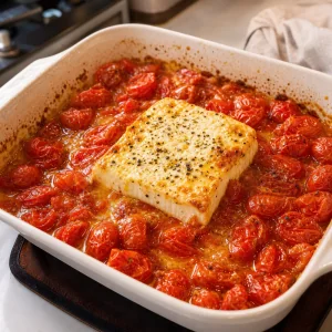 Roasted cherry tomatoes and softened feta with golden edges after baking
