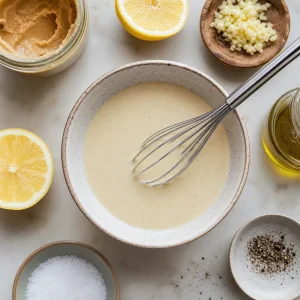 Molho cremoso de tahine batido com suco de limao alho azeite e agua