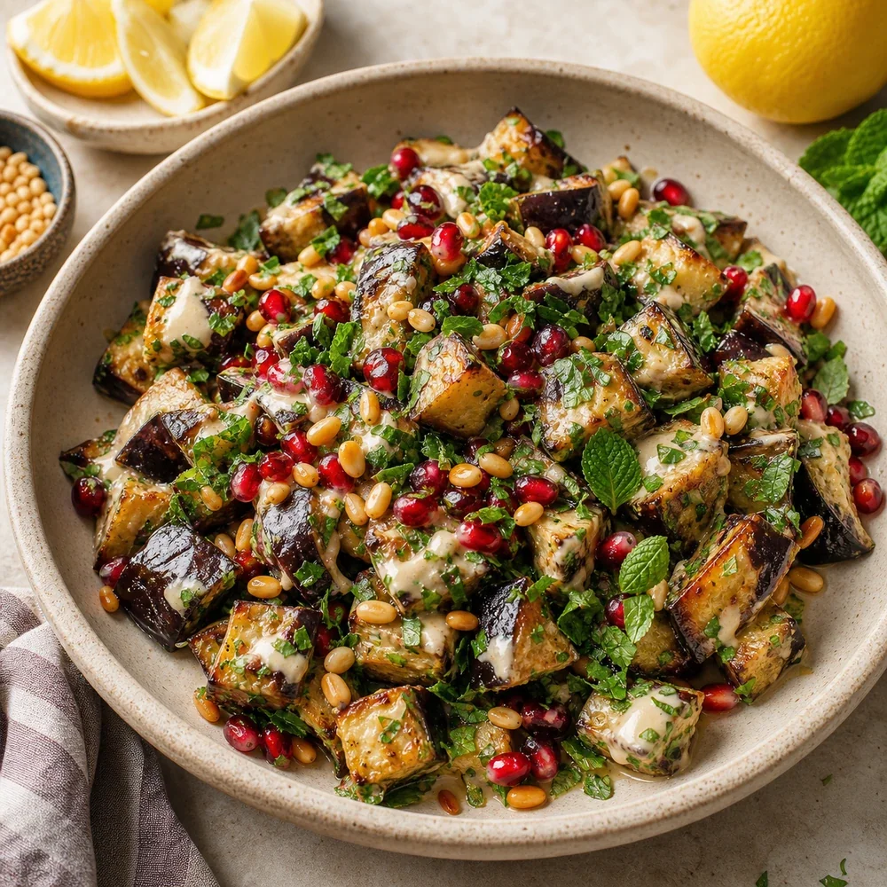 Salada morna de berinjela com tahine ervas frescas sementes de roma e pinhoes
