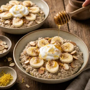 Bowls of porridge topped with yogurt, banana, honey, and almonds