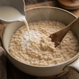 Creamy oat porridge stirred as milk is poured in
