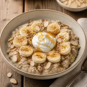 Finished warm porridge resting with yogurt, banana, honey, and almonds