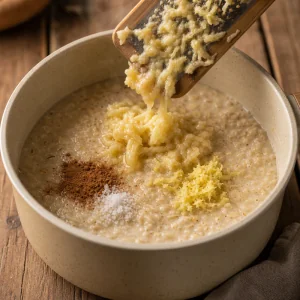 Grated banana and ginger added to creamy oats with cinnamon