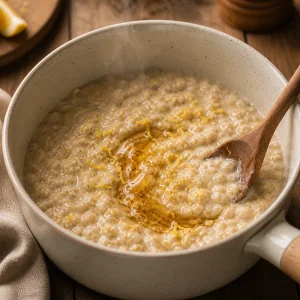 Honey and lemon zest stirred into creamy oat porridge