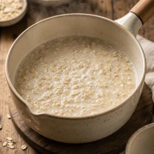 Rolled oats simmering with milk in a small saucepan