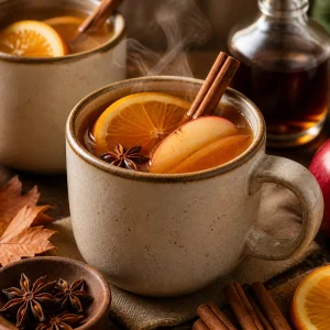 Sidro di mele caldo speziato in tazza con arancia, mela e cannella
