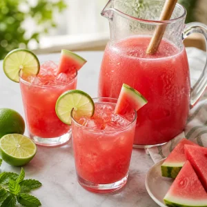 Garnished watermelon agua fresca glasses with lime and watermelon wedges