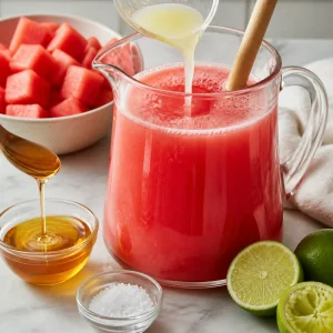 Lime juice, sweetener, and salt added to a pitcher of watermelon drink