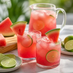Watermelon lime agua fresca in glasses with ice and fruit garnish