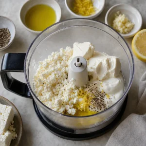 Feta, yogurt, cream cheese, lemon, garlic, and pepper in a food processor